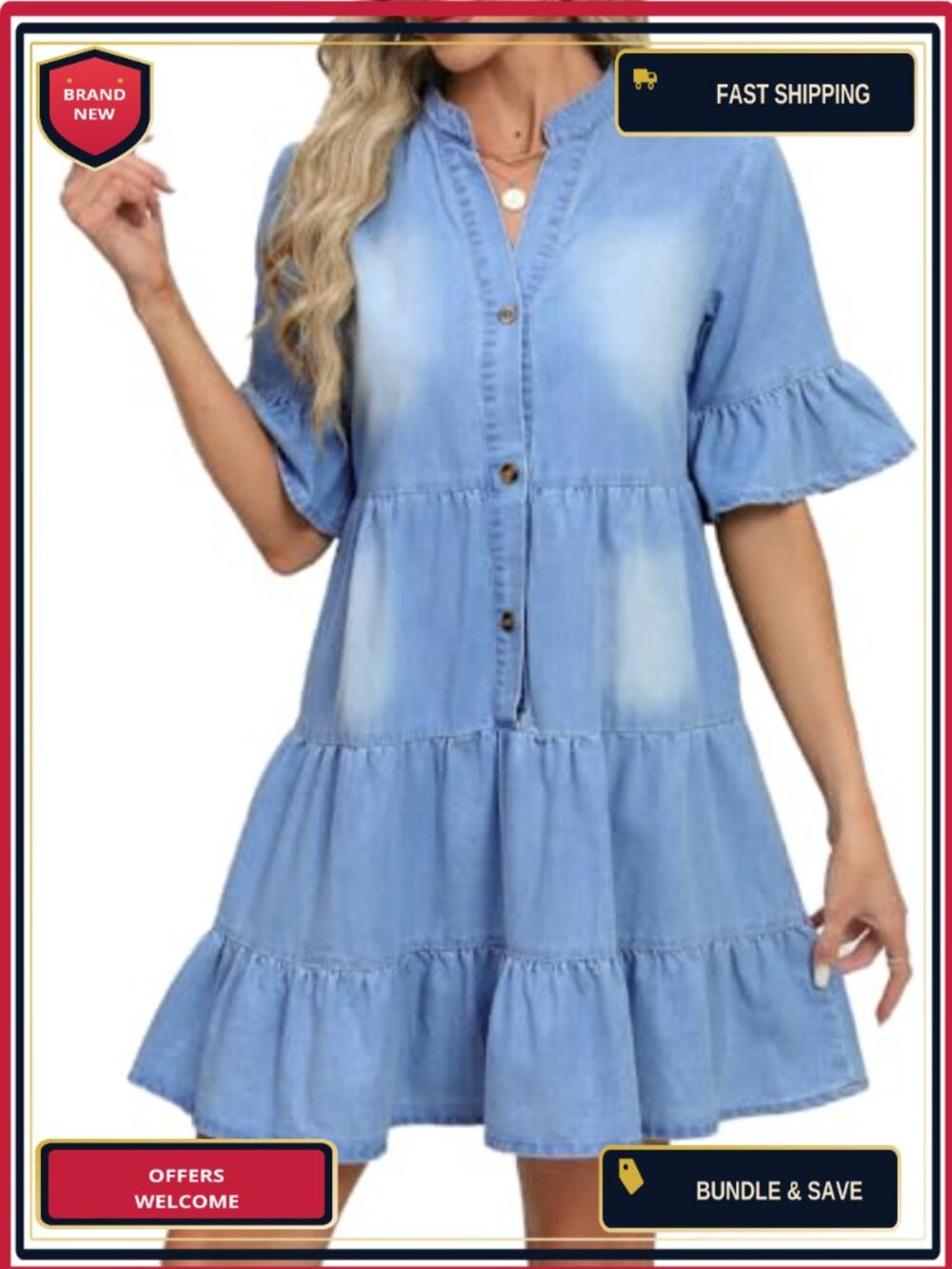 Women's Denim Dress Casual V Neck Ruffle Short Sleeve Summer Jean Dress